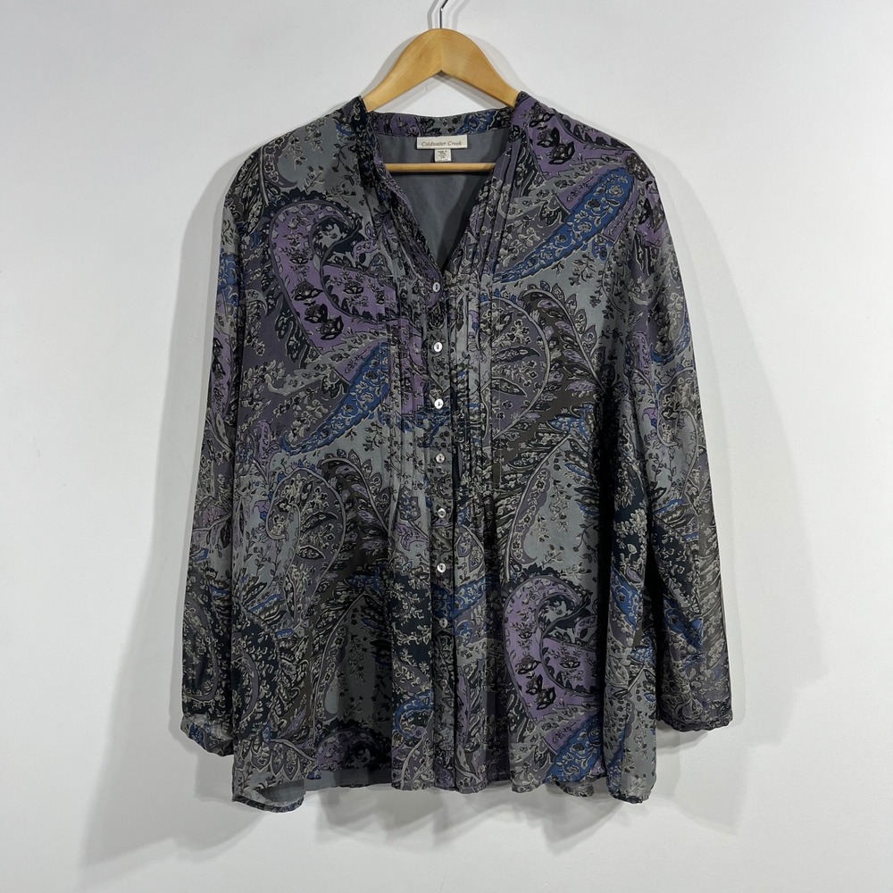 Coldwater Creek Artsy Boho Paisley Pintuck Blouse Womens 2x Whimsigoth Lagenlook